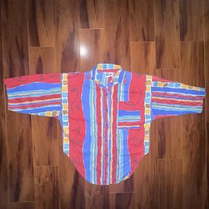 Vintage 80s Cindy Collins Abstract Geometric Dolman Button Shirt M USA 50/50